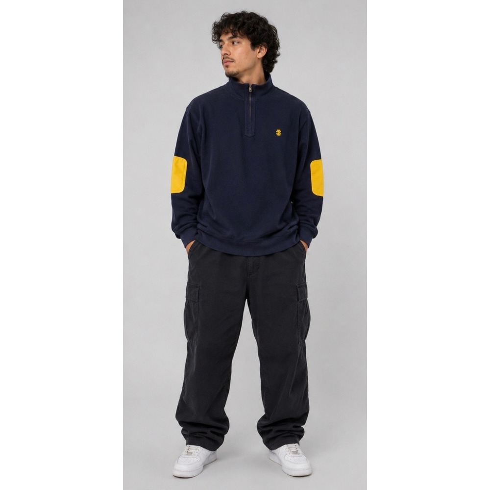 IZOD Mens Navy Blue Quarter Zip Pullover Sweater Yellow Elbow Patches Size M NWT